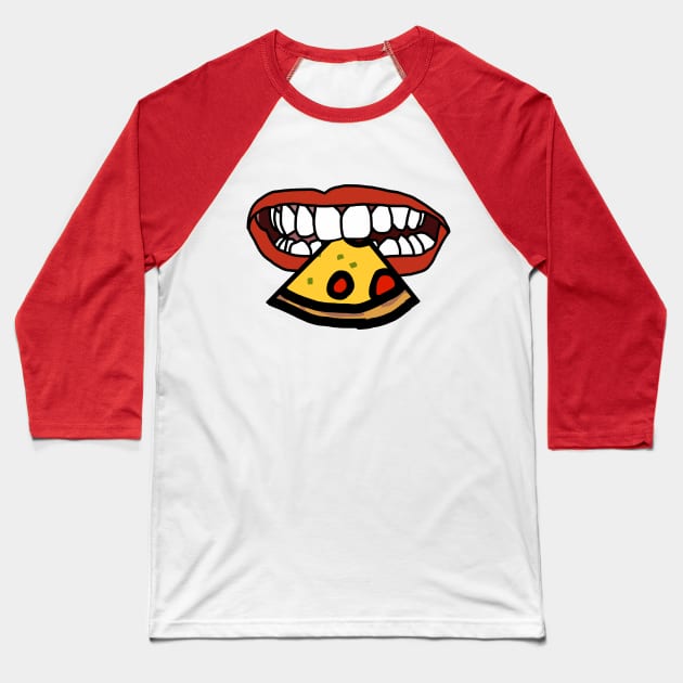 Mouth With Red Lips and White Teeth Eating Pizza Slice Baseball T-Shirt by ellenhenryart